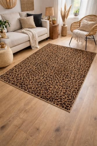 MF Leoparden Design Teppich, Braun Schwarz, 150x100 cm, Rechteckig, 100% Polyester, Antiallergisch, Dekorativer Bodenteppich für Wohnzimmer und Schlafzimmer