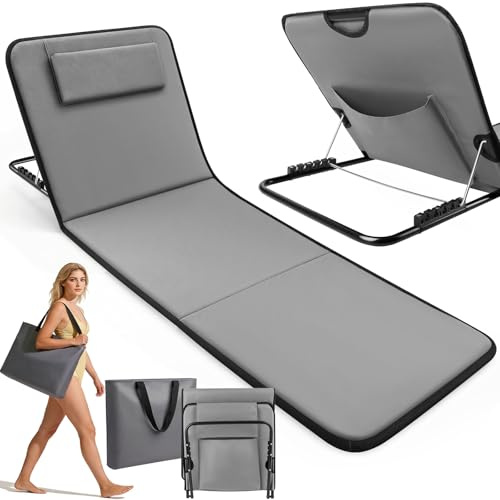 Cheffery Strandmatte mit Rückenlehne, Strandliege Klappbar Leicht 5-Stufige Höhe, Strandmatte Gepolstert mit Kopfstütze, Tragetasche 150 kg Belastbar für Strand Reisen Garten Camping Picknick (Grau)