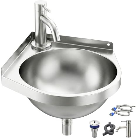 Lavabo angolare in acciaio inox con rubinetti per acqua calda e fredda, 21 x 21 x 15 cm, montaggio a parete, triangolare, salvaspazio, lavello singolo per cucina, camper, bagno, toilette