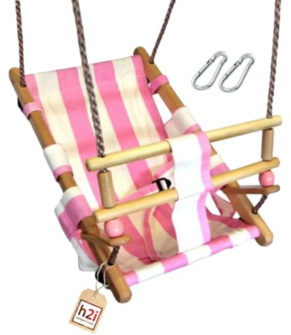 h2i Schaukel mit Haltegurt – Schaukelsitz aus wetterfestem Stoff – verstellbare Seile & Karabiner – für Innen & Außen – rosa/weiß