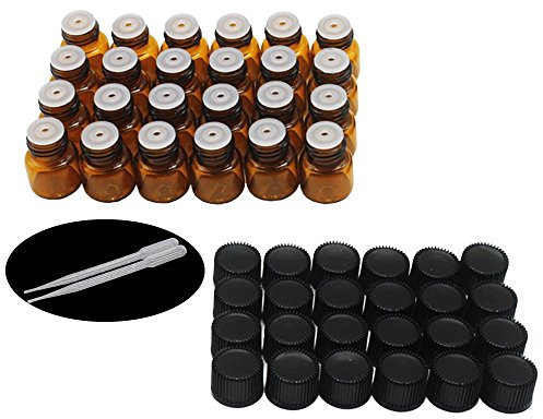 YIZHAO Braune Leere Glasflaschen 1ml, Probe Glasflaschen mit Orifice Reducers für Ätherisches Öl,Aromatherapie,Parfüm,Massage, Spa, Düfte,Chemielabor – 24Pcs