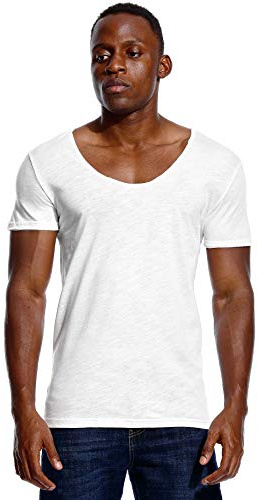 T-shirt à col en V profond pour homme Coupe basse Invisible Vee Top en coton Manches courtes Col large