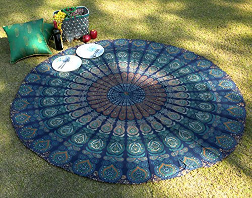 Runder Wandteppich Peacock Mandala 122 Zentimeter Roundie Hippie Tischdecke Wandbehang Dekorative Wandteppiche Boho Bettwäsche Indische handgemachte Bettdecke aus reiner Baumwolle