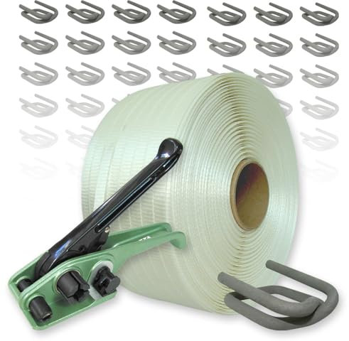 VEMATEC Textil Umreifungsset gewebt HD, 25 mm - 400 m Umreifungsband mit Bandspanner und Verschlussklemmen