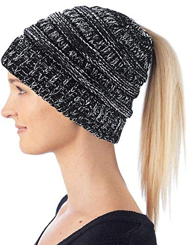 Hatstar Damen Beanie Mütze mit Zopfloch | Strickmütze für Pferdeschwanz | Ponytail Beanie gestrickte Mädchen Wintermütze | weich & warm (meliert schwarz-weiß)