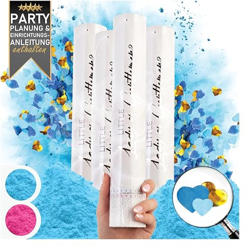 PrimePure Cañónes de Confeti para Revelacion Genero Bebe - Polvo Biodegradable y Cañón Confeti en Forma de Corazón - Azul, Pack 4 - Gender Reveal Confetti Cannon para Anunciar Bebé Niño