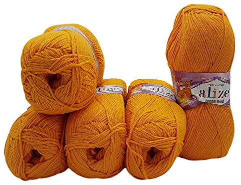 Ilkadim - 5 x 100g Strickwolle Alize Cotton gold orange 83 mit 55% Baumwolle, 500 Gramm Wolle einfarbig