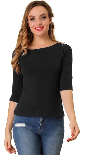 Allegra K Women Elbow Sleeves Solid Round Neck Slim Fit Tee Black S-8