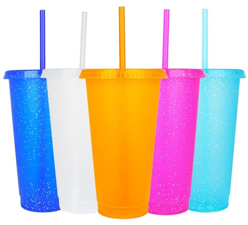 Suertestarry 5 Glitter Cup 24oz Reusable Tumblers with Lids and Straws,Water Bottle Iced Coffee Travel Cold Drink Smoothie Cup, (Bright Glitter(24oz)), Orange,blue,dark Blue,red,rose