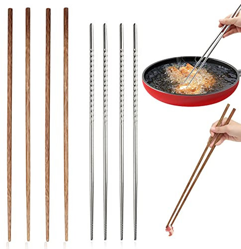 4 palillos de cocina largos reutilizables de 15.3 pulgadas de acero inoxidable roscados antideslizantes y palillos de madera natural extra largos de 16.5 pulgadas para olla caliente, freír, fideos,