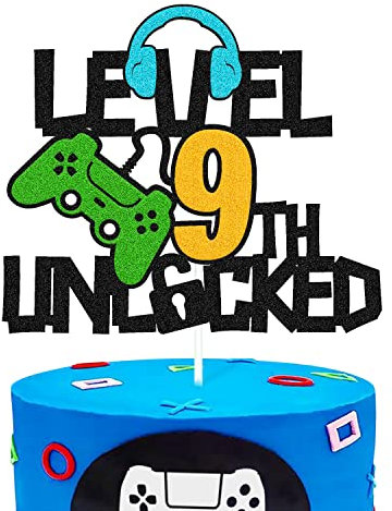 Level 9th Unlocked Cake Topper, Happy 9th Birthday Level Up Cake Decoration, Video Game Controller Play Game Theme, Boy’s ninth Birthday Party Suppli