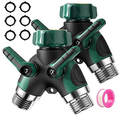 Klmnduo Wasserverteiler, 2-Wege, 1,9 cm, Gartenschlauch-Verteiler, robuster Wasserhahn-Verteiler mit komfortablem, gummiertem Griff, plus 6 zusätzliche Gummi-Unterlegscheiben und PTFE-Klebeband, 2