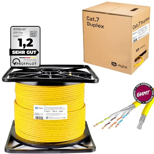 HB-DIGITAL 100m CAT 7 Netzwerkkabel LAN Kabel Verlegekabel Ethernet Installationskabel 10 Gbit/s AWG23 S/FTP - GHMT Zertifiziert - reines Kupfer LSZH BauPVO Klasse Cca Datenkabel Duplex - Gelb