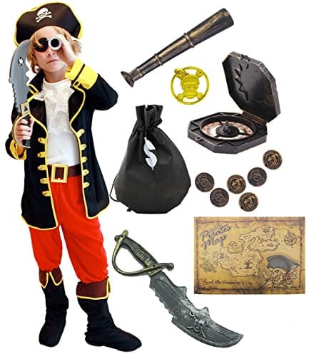 Windskids Piratenkostüm Kinder Jungen mit Augenmaske Kompass Schatzkarte Fernrohr Piraten Zubehöre Halloween Karneval Party Verkleidung Costume für Kinder Größe S-XL