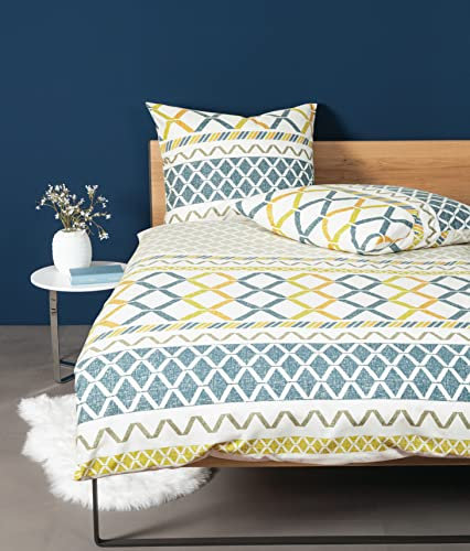 Janine Feinbiber-Bettwäsche Davos 155x220 + 80x80 cm Rauchblau-Limone-kies