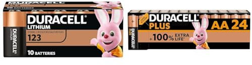 Batterie DURACELL CR123 (confezione da 10) al litio ad alta potenza da 3 V & Batterie Plus AA (pacco da 24) - Alcalina 1.5V - Fino al 100% di extra durata