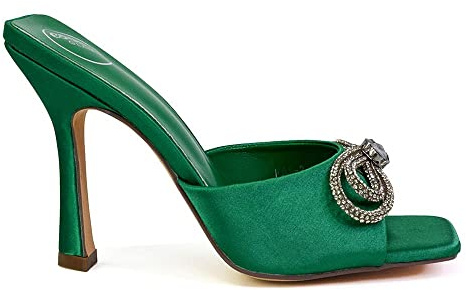 ESSEX GLAM Womens Diamante Bow Stiletto Sandals Ladies Slip On High Heel Mule Green Shoes 3
