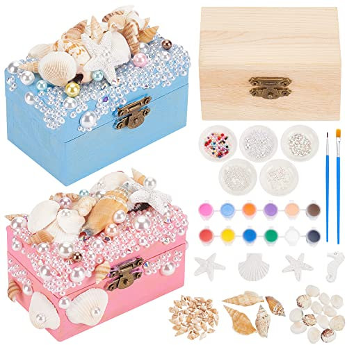 WEBEEDY 2 Stück Meerjungfrauen-Schmuckkästchen für Kinder Muschel Seestern Mini-Schatztruhen aus Holz zum Bemalen und Dekorieren Aufbewahrung für Kinder DIY Bastelsets für Mädchen mädchen geschenke