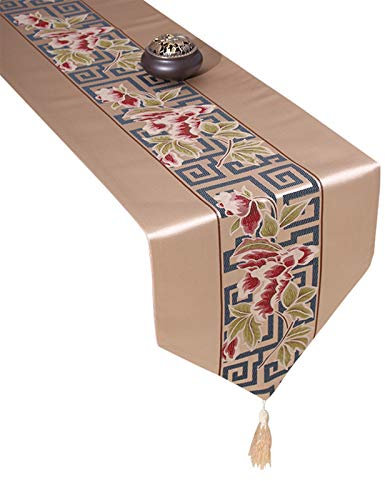 EHOMERY Tischdecke Zum Selbersticken, Tischband Leinen Beige Klassische Pfingstrosenblumen Tischläufer Polyester 33x210CM