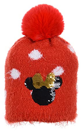 Sun City Minnie Mouse Kinder Winter-Mütze Mädchen Bommel-Mütze, Farbe:Rot, Größe:54
