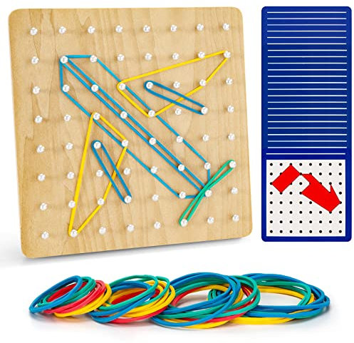 Wisplye Holz Geoboard, Geometriebrett Spielzeug mit 24 Muster Karten, 40 Gummibänder, Montessori Form Puzzle Brett Inspirieren die Phantasie und Kreativität des Kinders ab 3+ Jahren