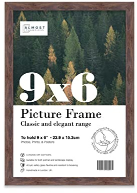 Almost Frameless 9x6 Walnut Picture Frame 9x6(22.9x15.2cm) Poster, Photo, Artwork, or Print. Thin Edge Slim Frame Portrait and Landscape Display with Wall Hooks