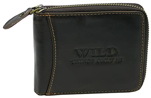 WILD THINGS ONLY !!! Herren Geldbörse aus Echt-Leder mit umlaufendem Reißverschluss & RFID Schutz (Querformat, Braun)