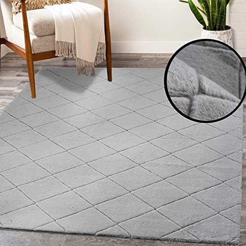 payé Teppich - Wohnzimmer Kuschwelweich 120x170cm Grau Silber Flauschig Karo Muster Modern Deko Teppiche Weich Schlafzimmer