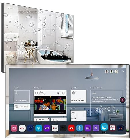 Soulaca 28inch 4K UHD Smart TV for Bathroom, Analog and Digital Tuner, Smart Mirror Panel, Magic Remote, IP65 Waterproof (Mirror (webOS TV System), 28”)