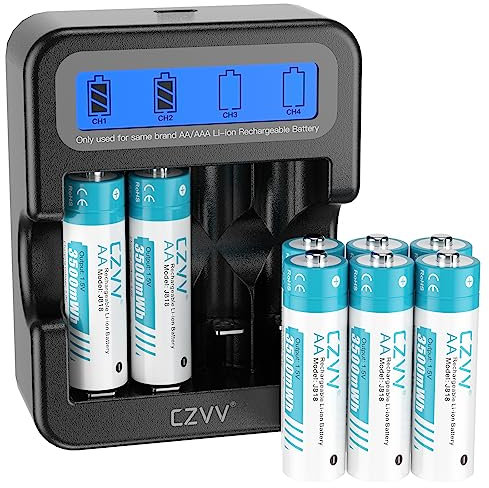 czvv Batterie Ricaricabili AA Lithium 1,5V - Alta Capacità 3500mWh Pile 8 Pezzi con Caricatore 4 Slot Intelligente LCD Caricabatterie Ricarica Rapida 2H, 1500 CicliDurata, Ultra Lunga 10 Anni