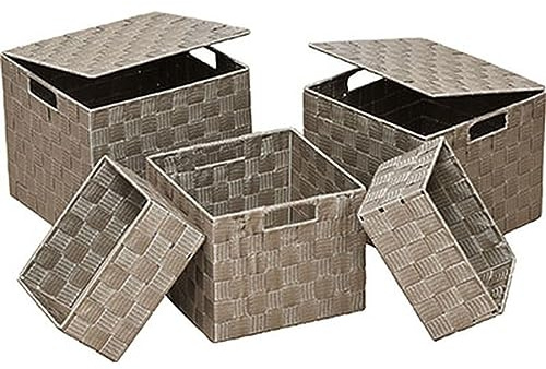 LiKeKa® Aufbewahrungsbox 5-teilig aus Polyester, Aufbewahrungskorb mit Deckel&Tragegriff, Praktische Organizer Boxen Platzsparend&Stapelbar für vielseitige Aufbewahrung (Taupe)