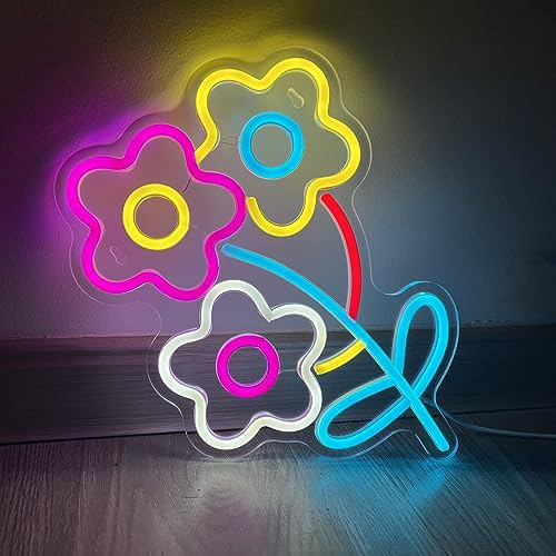 LZXSXZ Neon Schild, Blume LED Neonlicht, Gelb + Blau + Lila LED Lichtzeichen Neon Neon Schild Nachtlichter, Acryl USB Neon Sign Leuchtschrift für Wand Game Room Bar Party Deko - 33×22CM