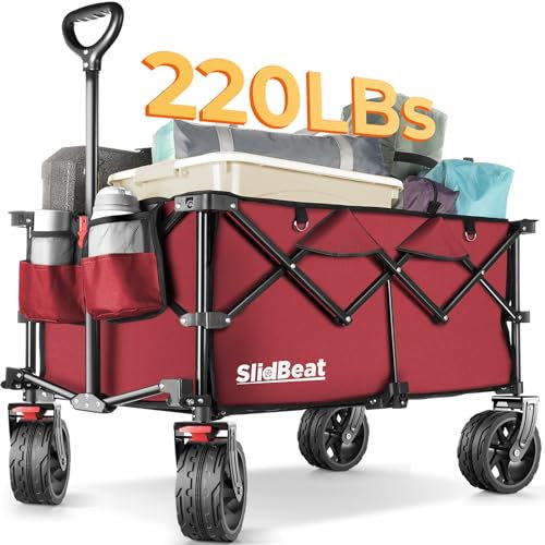 SLIDBEAT Chariot de Plage,Chariot de Transport Pliable avec Roues Pivotantes à 360° de 20 CM de Large,Chariot de Jardin à Poignée à Rebond Automatique avec 2 Porte-gobelets,Tout Terrain,Rouge