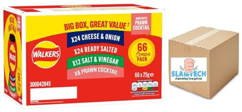 Walkers Classic Variety Box, 132 Crisps Pack, 25g Each, 4 Flavours - Cheese & Onion, Ready Salted, Salt & Vinegar, Prawn Cocktail 4 Different Flavours Boxed Slamtech