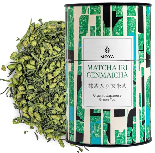 Moya Matcha Bio japanischer Iri Genmaicha Grüntee lose Blätter | 60g Sencha mit Reis und Matcha | Matcha Genmaicha | Tee aus Japan | Veganfreundlich | Verpackt in mehrfarbiger Kartondose