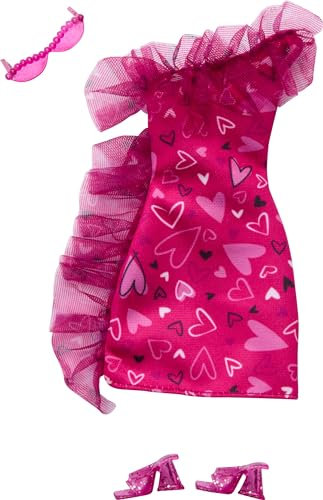 Mattel - Vêtement pour poupée Barbie - Pack 1 - Robe de soirée à volants imprimée cœur, lunettes, talons roses, vêtements polyvalents - Fête