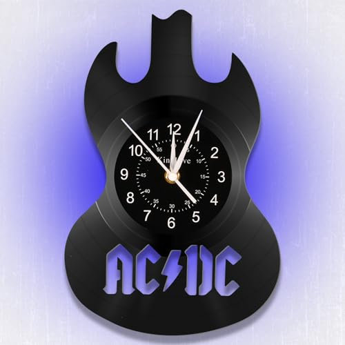 KingLive Gitarren Wanduhr, 12'' Vinyl Schallplatten Dekor, Musik Gitarren Dekoration, Gitarre Geschenk-Weihnachten, 7 Color LED Nachtlichthängeuhr mit Fernbedienung-AC