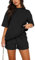 REORIA Damen Tracksuit Kurzarm Rundhalsausschnitt Einfarbig Zweiteiler Hausanzug Loungewear Outfit Jogger Trainingsanzug Set Schwarz L