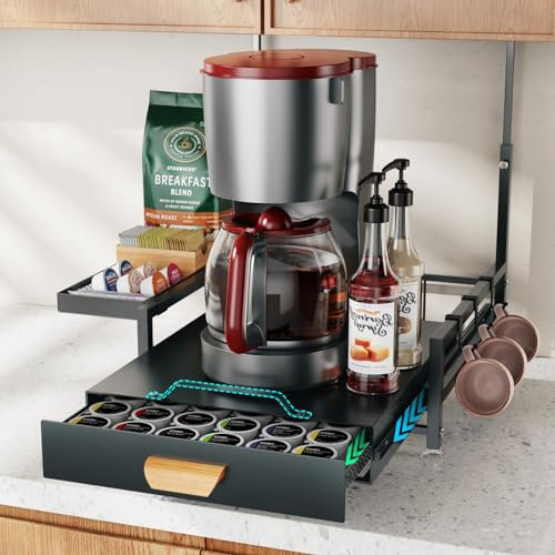 GSlife Coffee Pod Drawer - Large Coffee Maker Sliding Storage Organizer Rack with Metal Drawer, Pull Out K Cup Coffee Pod Holder, Easy to Open Under Cabinet, 42 Pod Capacity, Black