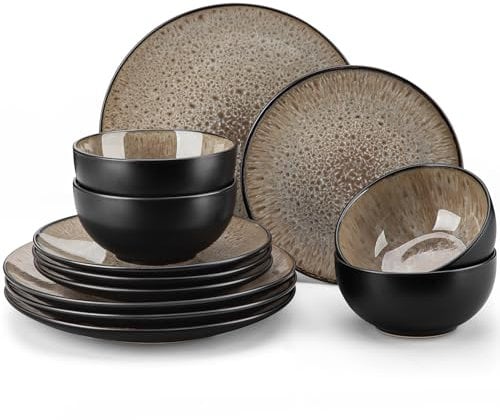 vancasso Servizio Piatti da 12 Pezzi in Gres per 4 Persone, Servizio da Tavola con 4 Piatti Piani, 4 Piatti da Dessert e 4 Ciotole per Cereali, Stile Vintage Marrone, Serie BUBBLE