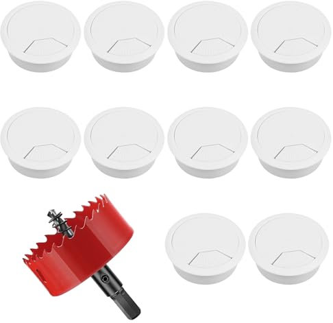 kiptyg Pasacables, 10 Piezas Pasacables escritorio, Pasacables mesa, con sierra de metal para agujeros de 1 pieza, pasacables redondo, tapa para agujeros de cables de escritorio (60mm, Blanco)