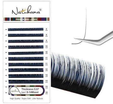 NATUHANA Couleur Extension Cils 0.07mm LU Curl 8-14mm Mixte Colorés Individuel Volume Russe Naturel Faux Cils Professionnel Eyelash Extensions (Noir+Bleu;0.07 LU, 8-14 mm)