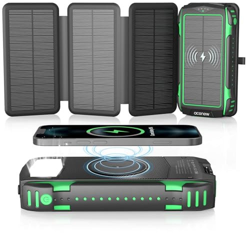 Acenew Solar Power Bank, 20000mAh Wireless Charger Power Bank, 15W Fast Charging for Phone-Camping Battery Pack Charger Poatable Multi USB Ports Input/Output with Solar Panels(Green)