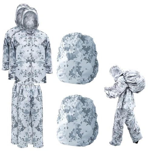 2 Sets Schneetarnung mit Rucksacküberzug Multicam Alpine Winter Camo Anzug Jagd Tarnanzug inkl. Jacke, Hose, Rucksack für Jagd, Airsoft, Paintball, Wintersport, Weiss/opulenter Garten, Einheitsgröße