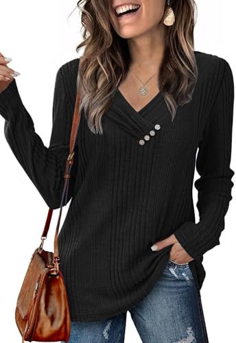 Famulily Ladies Autumn Long Sleeve Tunic Tops Casual Pleated V Neck Button Jumpers for Women Basic Lightweight Sweatshirt Black L