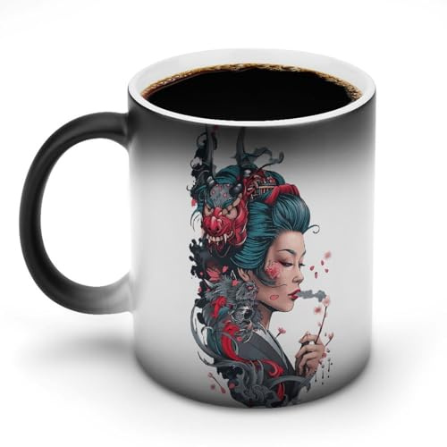 Stil Rauchende japanische Geisha, lustige Kaffeetasse mit Farbwechsel, heiße, wärmeempfindliche Tasse mit Henkel, Keramiktassen, 312 ml
