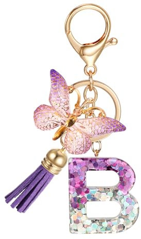 JSRQT Schlüsselanhänger mit Anfangsbuchstaben B, Schlüsselanhänger mit Harz Buchstaben Lila für Frauen Mädchen, Schmetterlings Quasten Anhänger Initial Letter Keyrings für Handtasche Rucksäcke