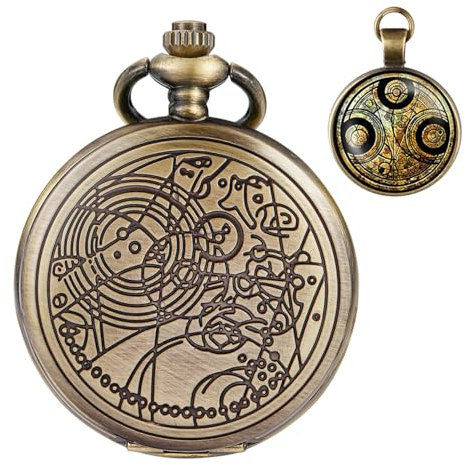 Tiong Taschenuhr mit Bronze-Gehäuse, Quarz, weißes Zifferblatt und Kette, Retro-Halskettenanhänger für Herren, Set-07