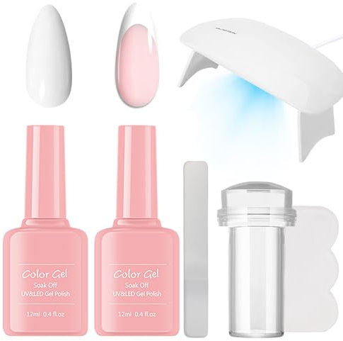 French Manicure Kit Gel Nail Polish Set, 2Pcs Jelly Polish Set with UV/LED Lamp and Nail Stamper, UV Gel for French Tips Manicure DIY at Home (Pink, General)