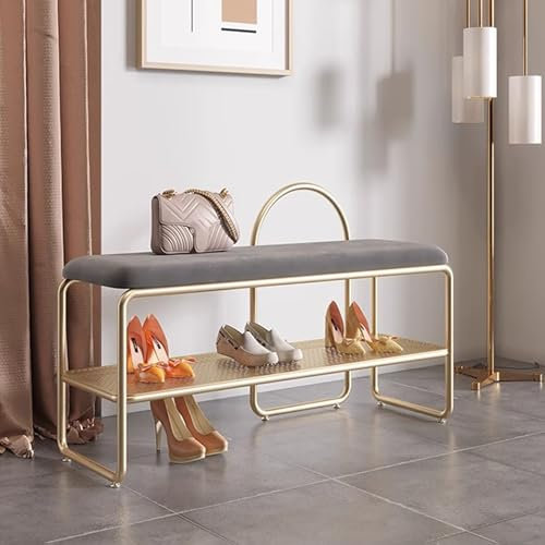Goldene Metall-Schuhregal Bank mit Samt-Sitz, stabile 2-stöckige Schuhaufbewahrungsbank für Eingangsbereich, Wohnzimmer, Flur